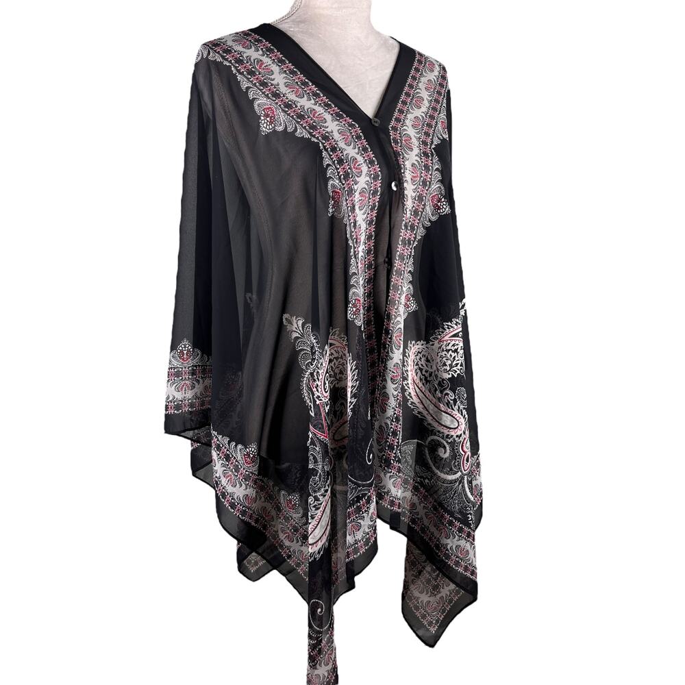 J Jill Poncho Two Way Semi Sheer Chiffon Multicolor Black Boho OS - Picture 3 of 16
